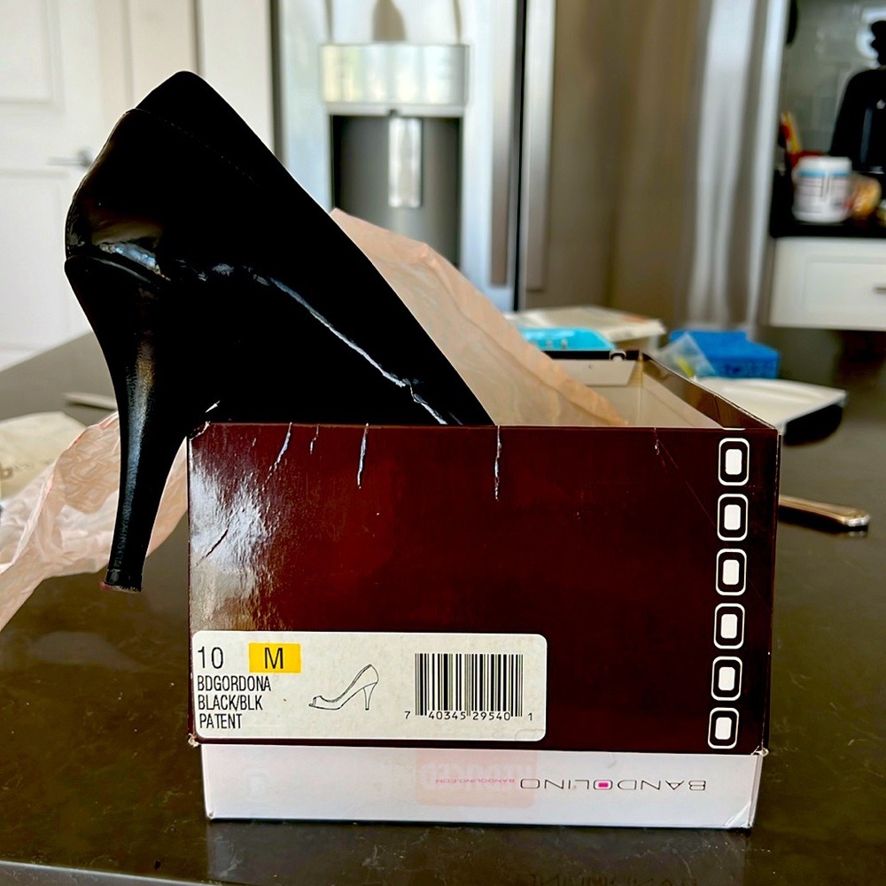 Women’s black patent leather heels, size 10, open toed